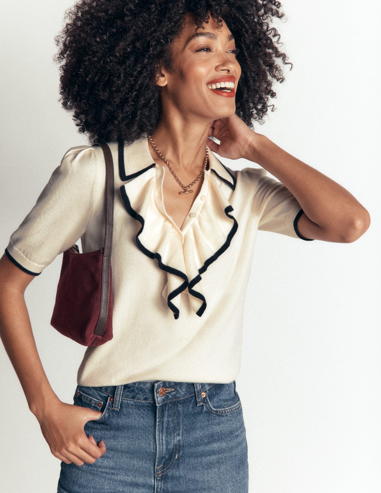 Ruffle Collar Knitted T-Shirt-Warm Ivory