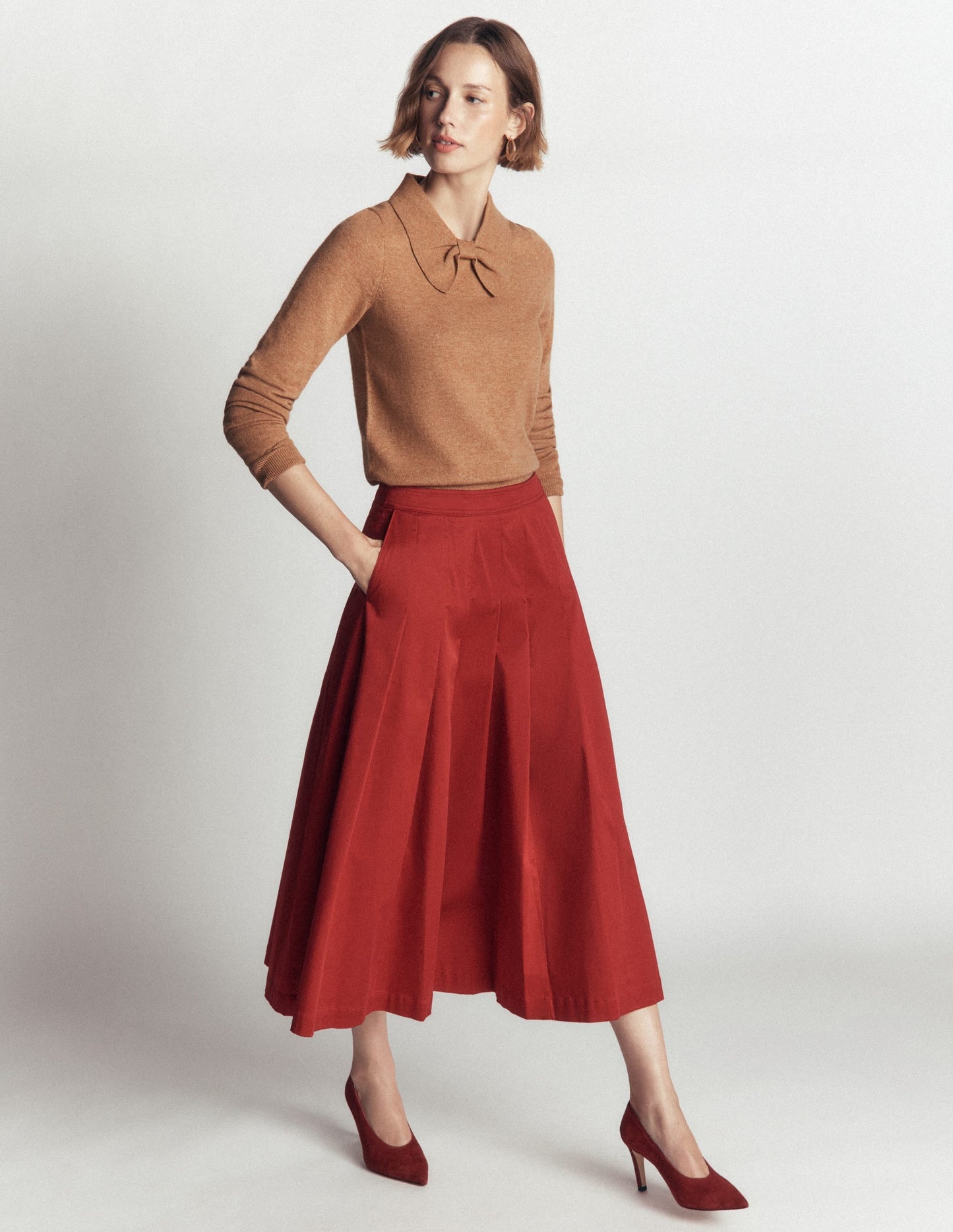 Bow Neck Knitted Jumper-Camel Melange