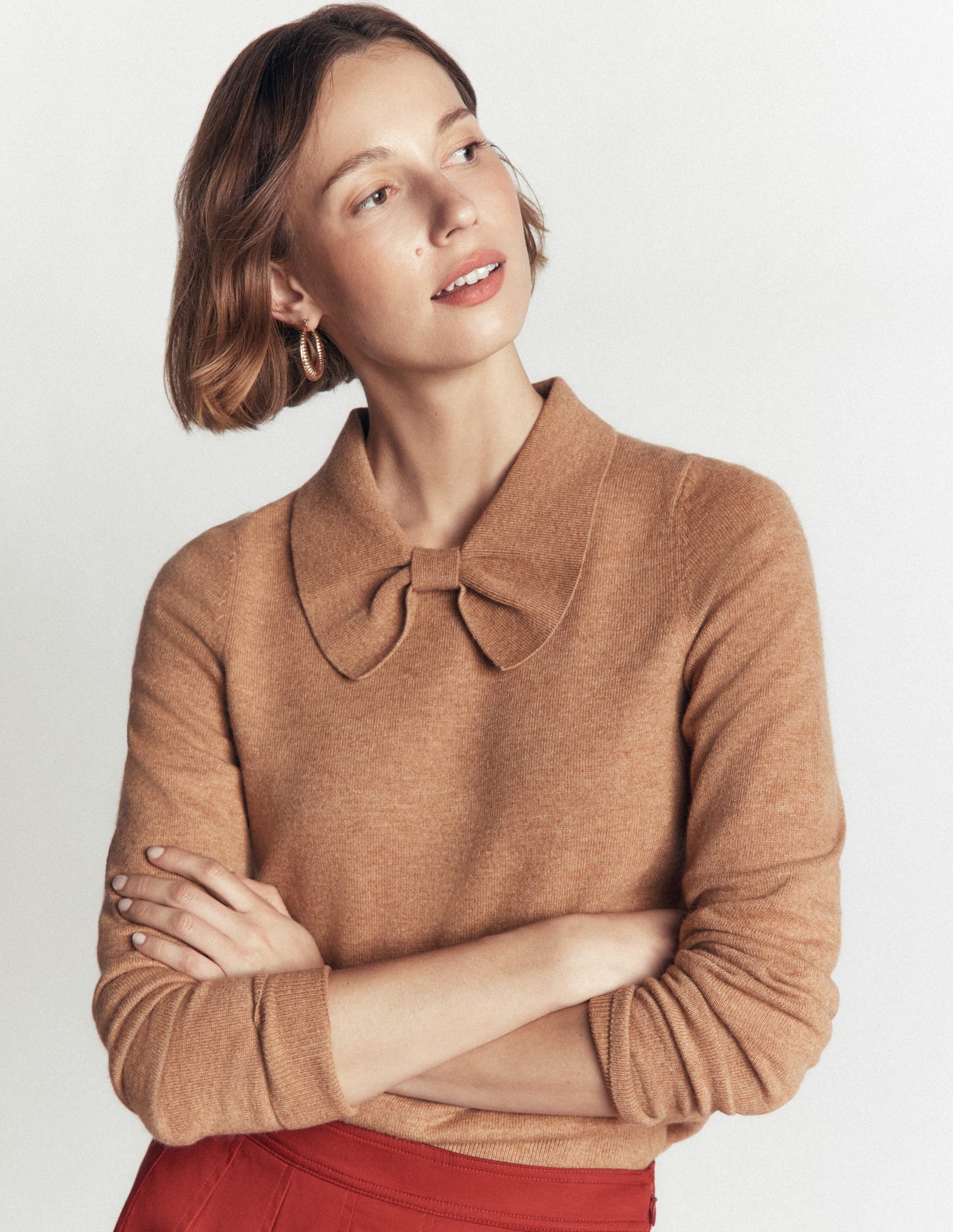Bow Neck Knitted Jumper-Camel Melange