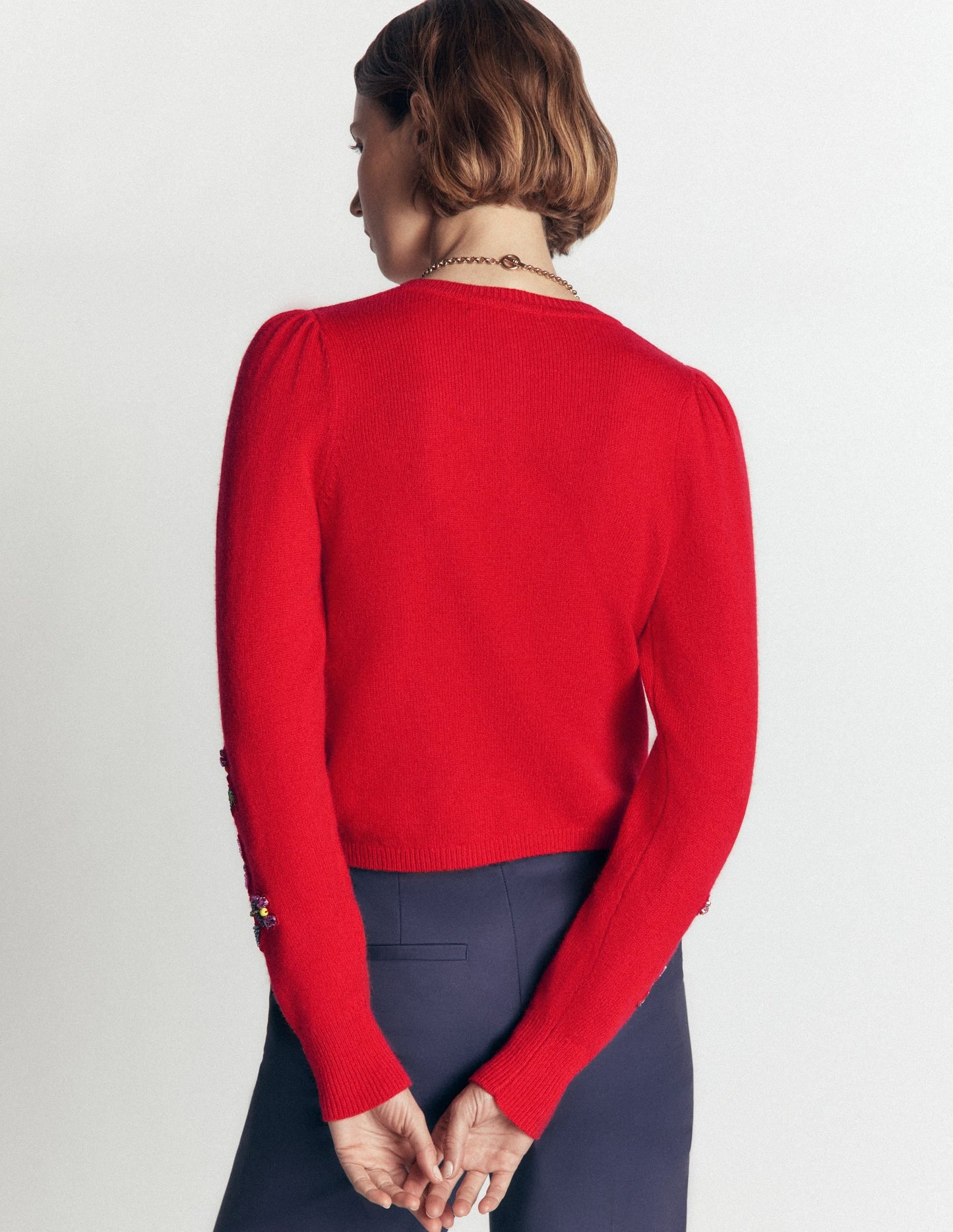 Ria Embellished Knit Cardigan-Poppy Red