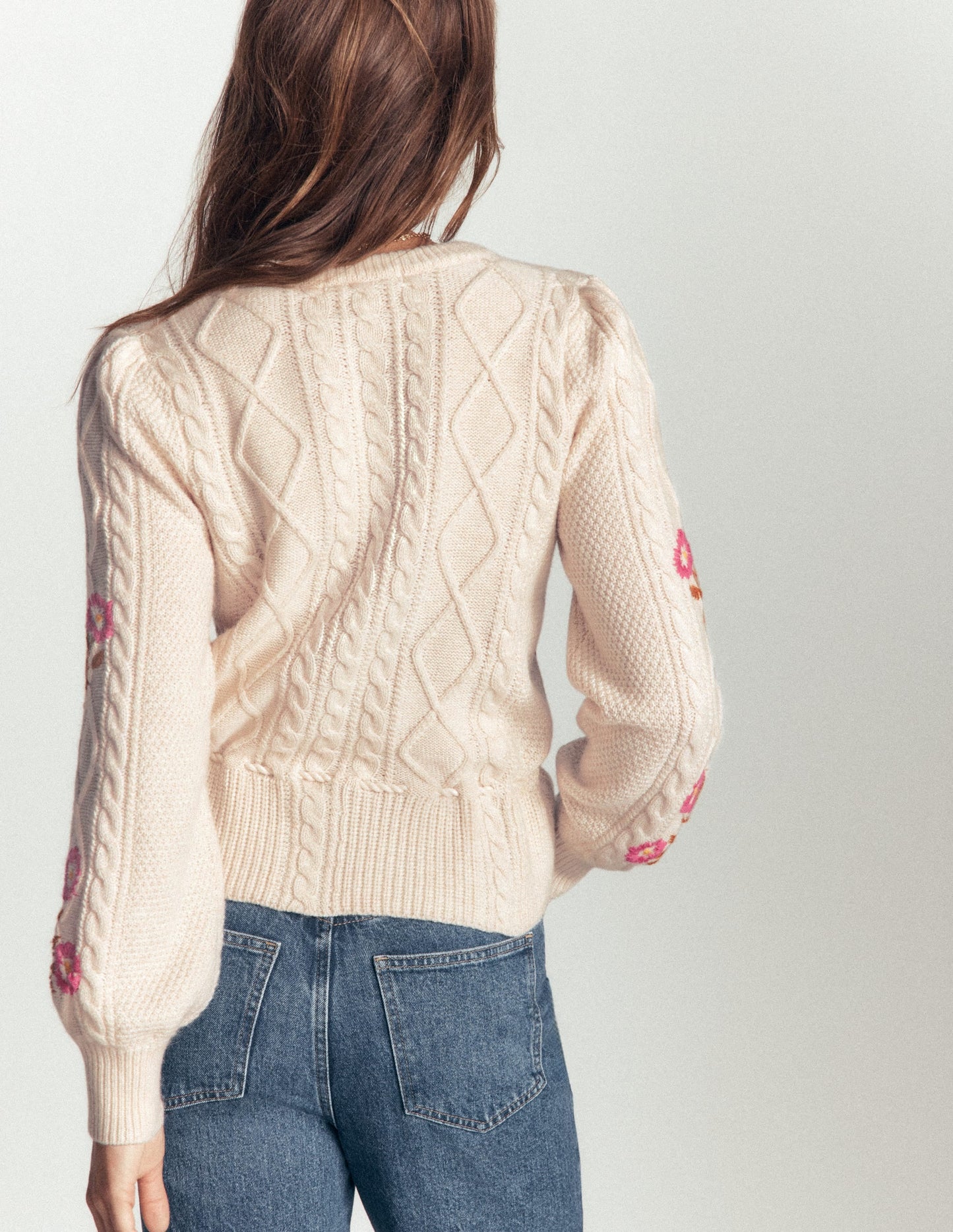 Cable Knitted Cardigan-Ecru Marl, Embroidery