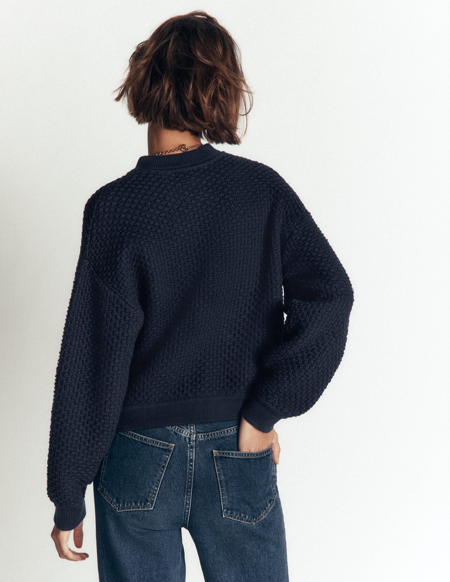 Textured Knitted Bomber Jacket-Navy