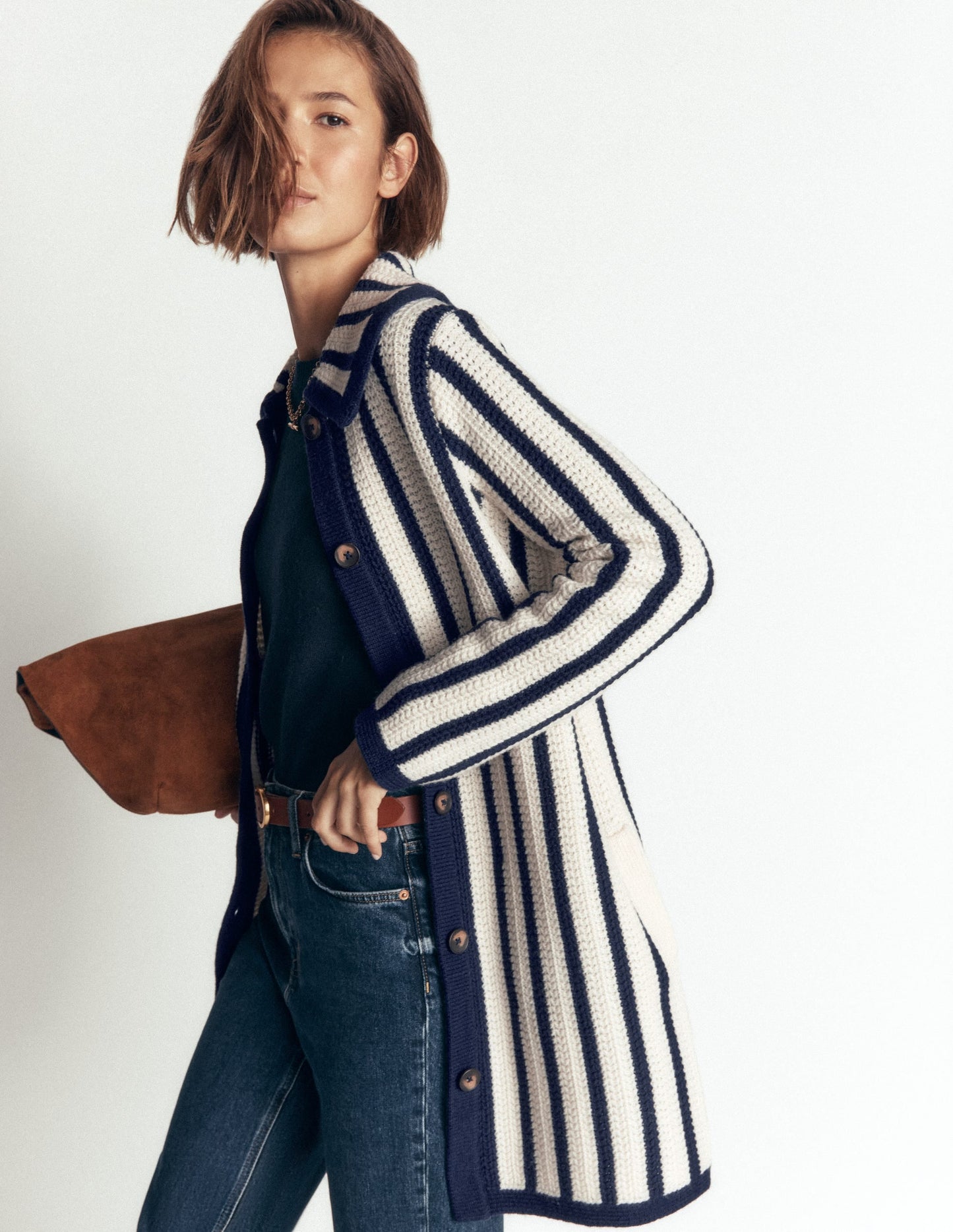 Longline Knitted Coatigan-Ivory, Navy Stripe