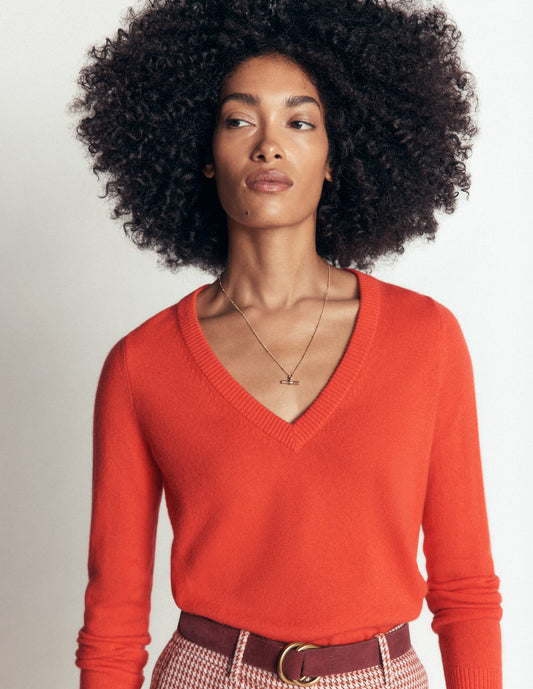 Elsie Cashmere V Neck Jumper-Orange Lily
