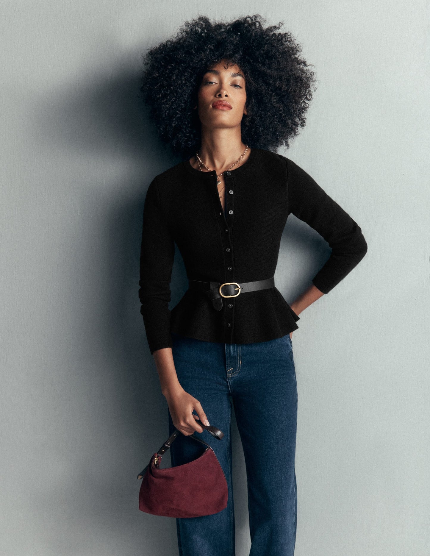 Fitted Wool Peplum Cardigan-Black