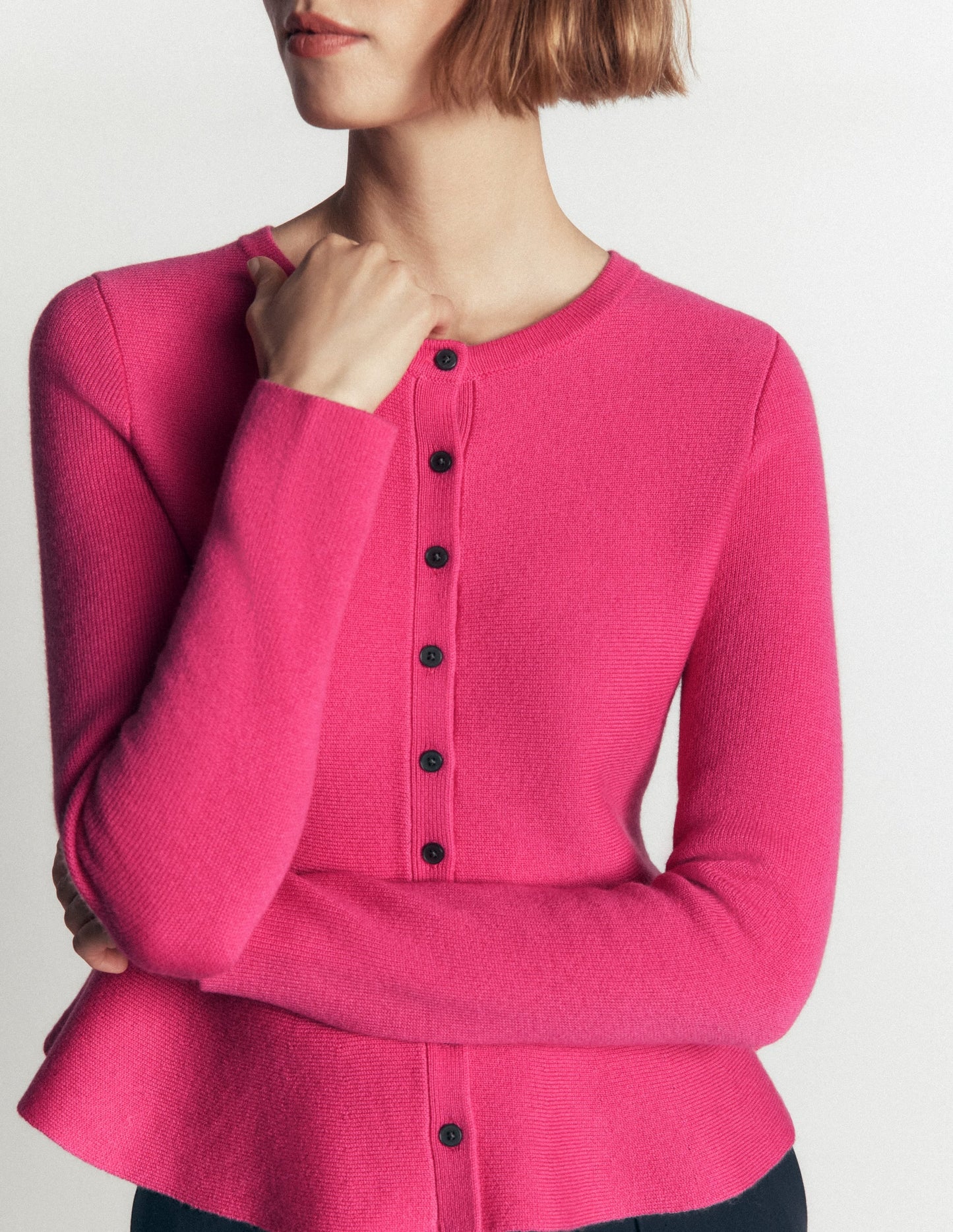 Fitted Wool Peplum Cardigan-Pink