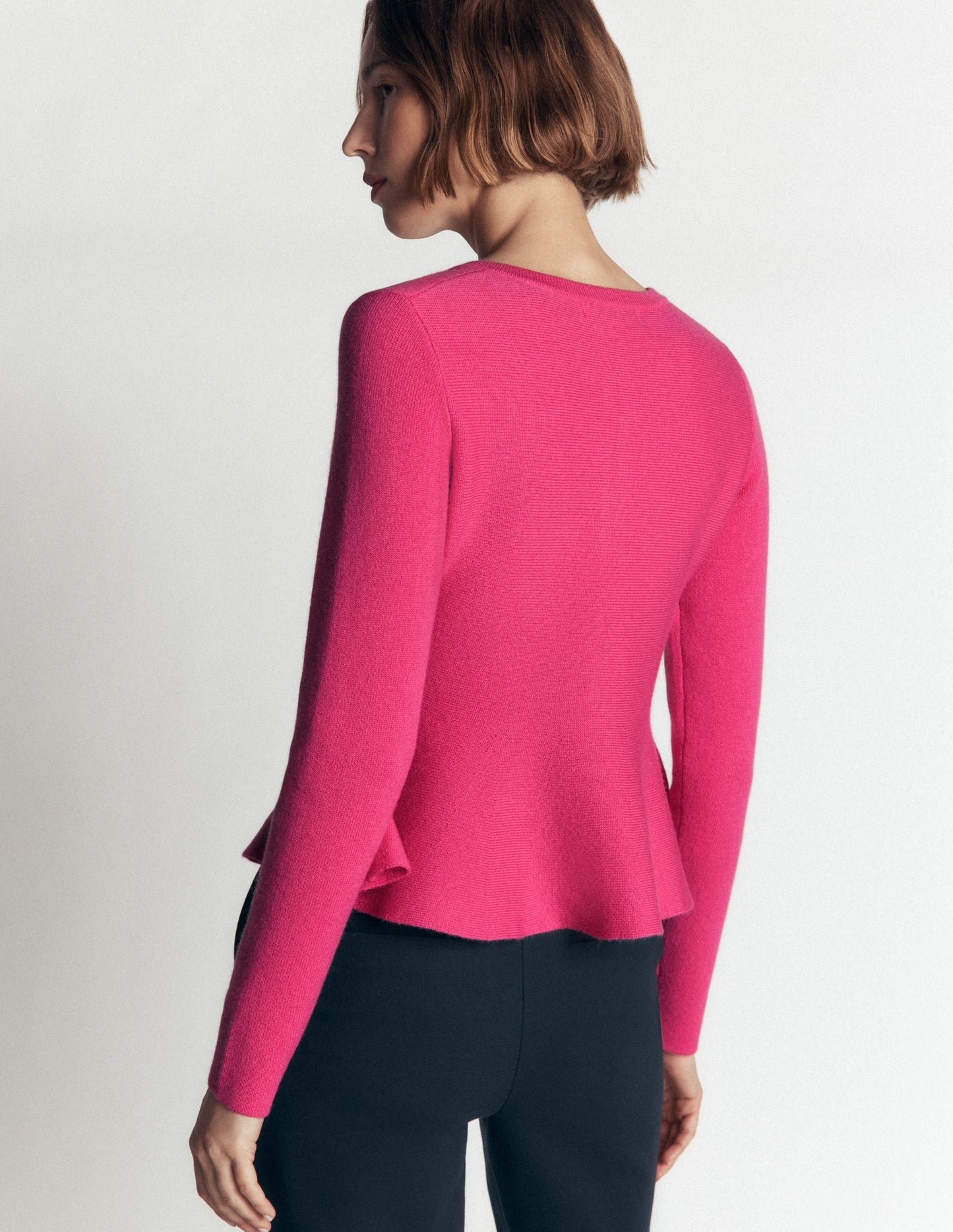 Fitted Wool Peplum Cardigan-Pink