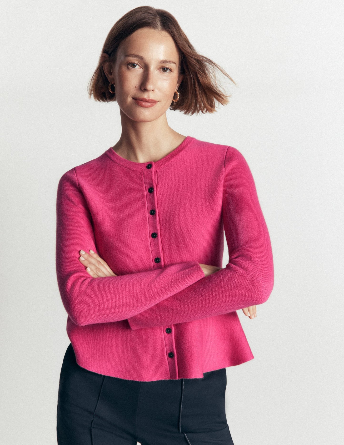 Fitted Wool Peplum Cardigan-Pink