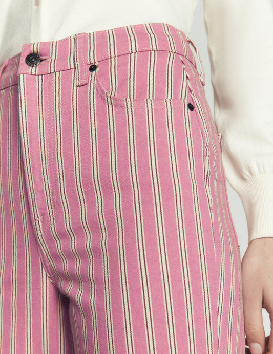 High Rise Column Leg Jeans-Pink, Maroon Tram Stripe
