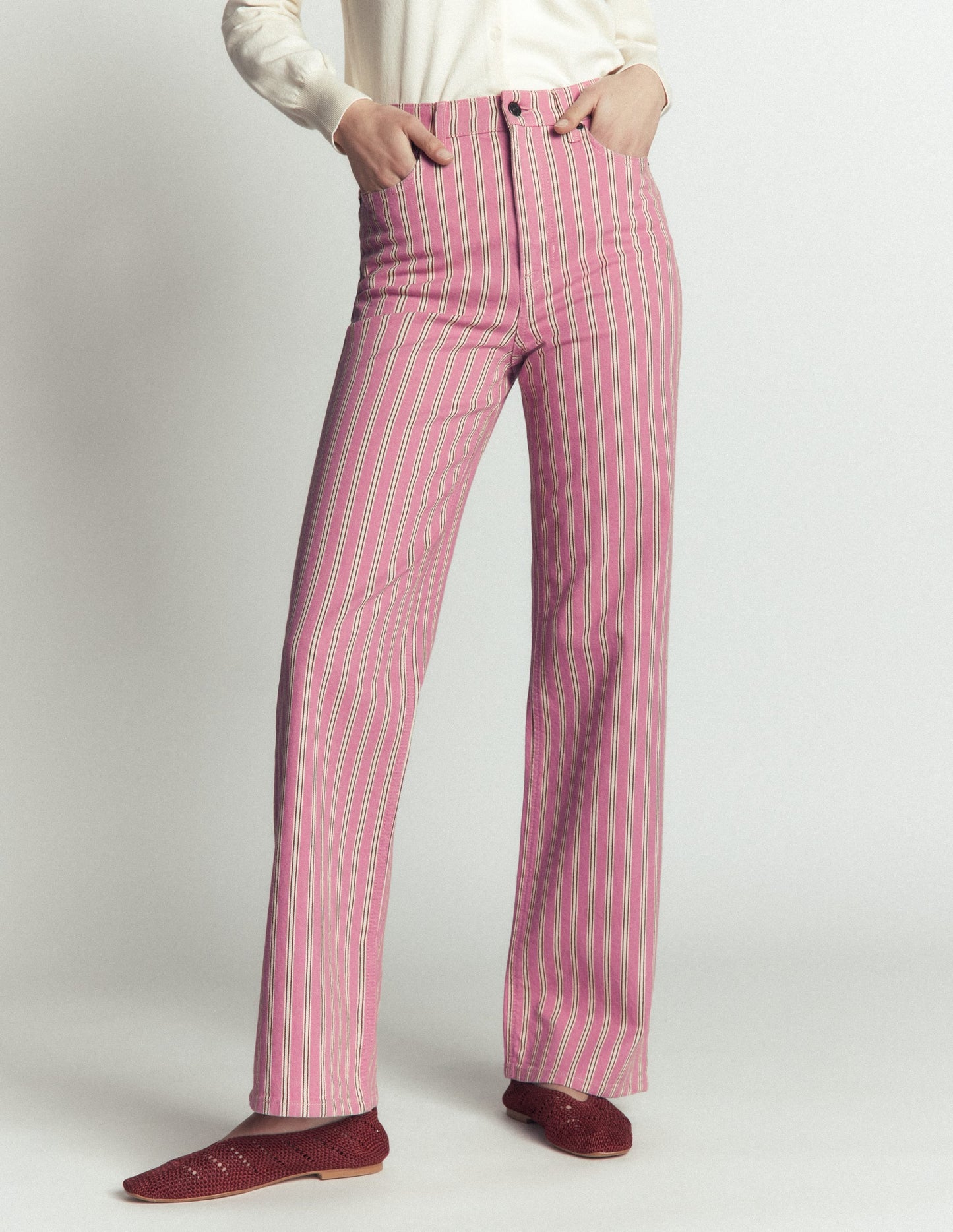 High Rise Column Leg Jeans-Pink, Maroon Tram Stripe