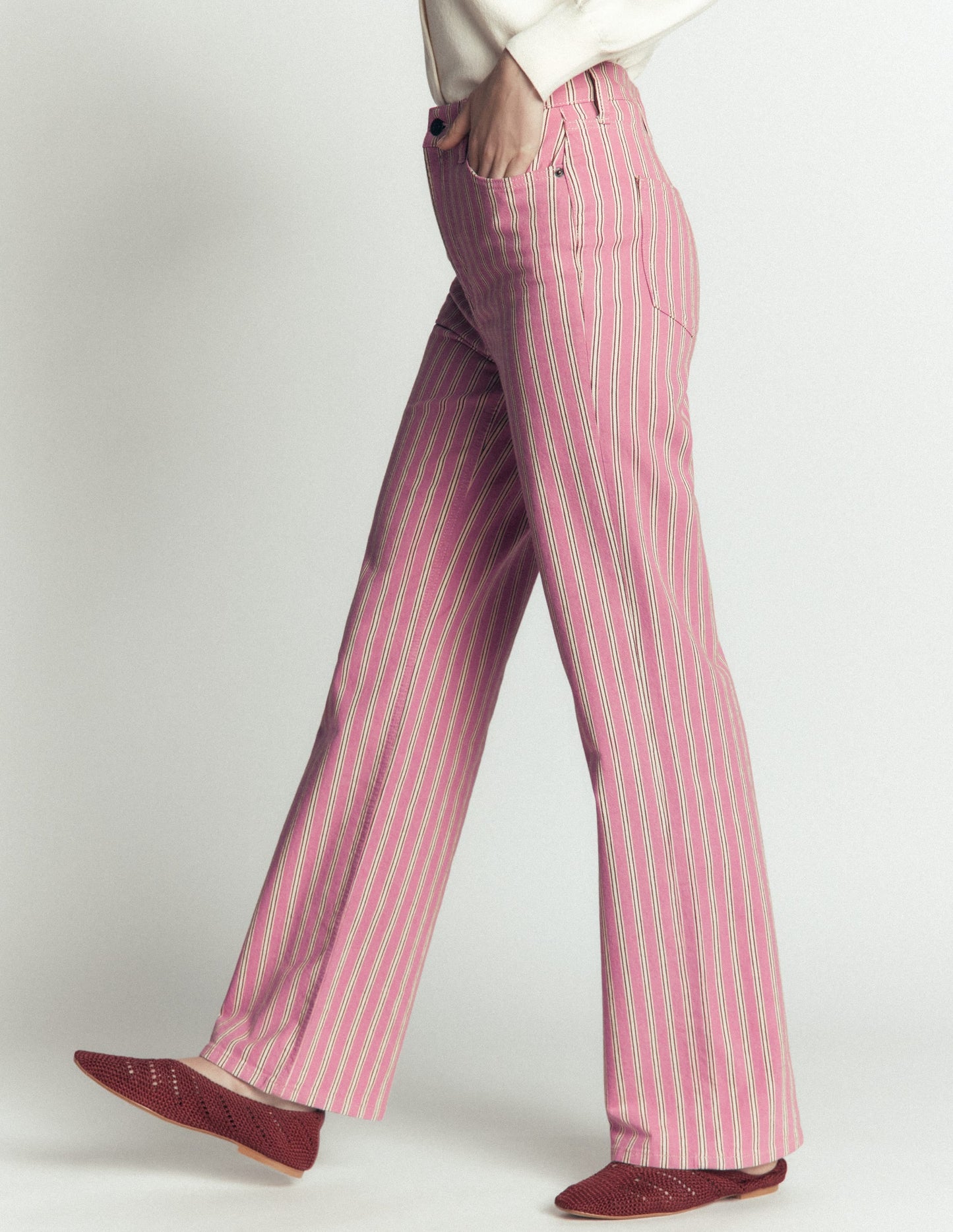 High Rise Column Leg Jeans-Pink, Maroon Tram Stripe