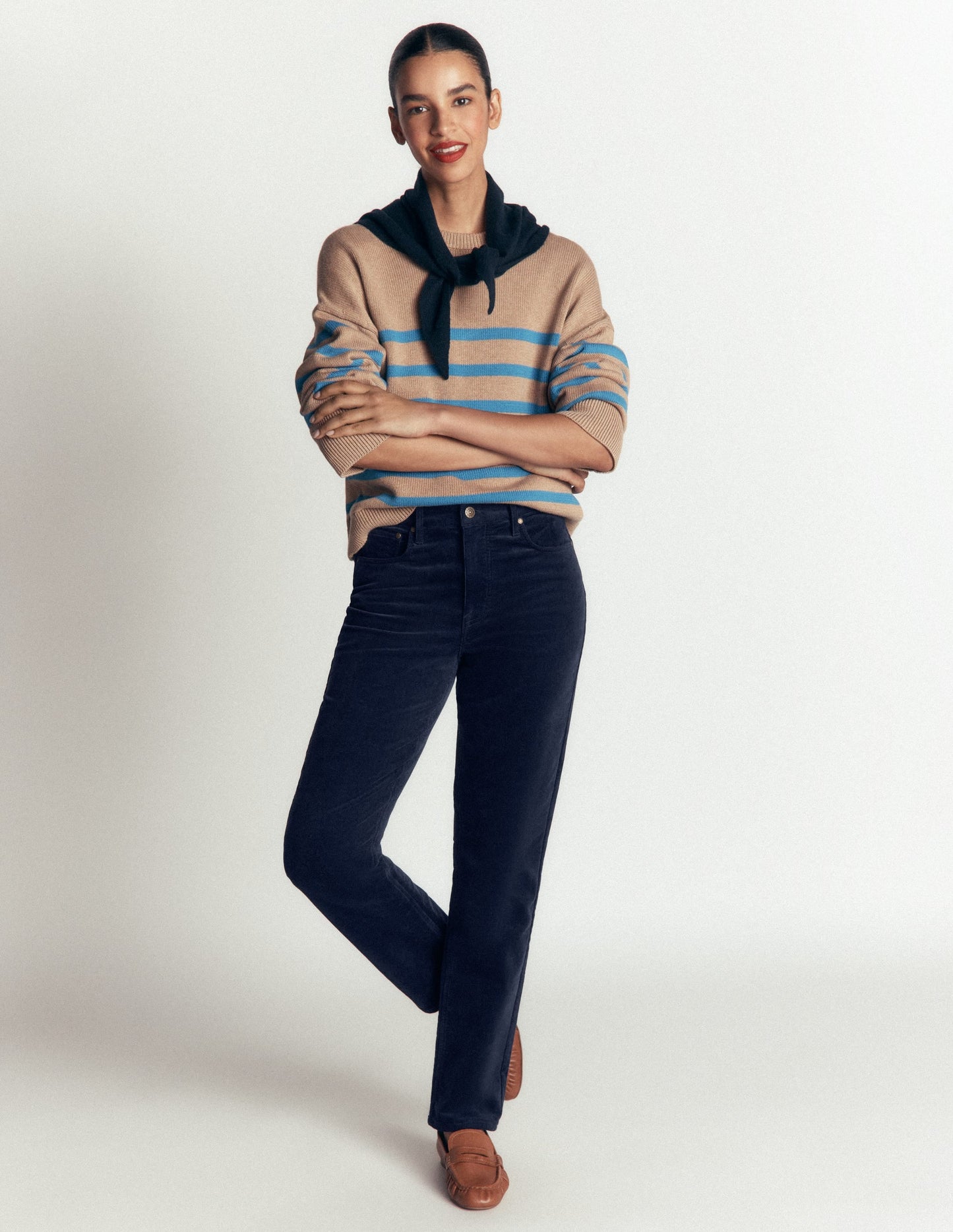 High Rise Cord Slim Jeans-Navy