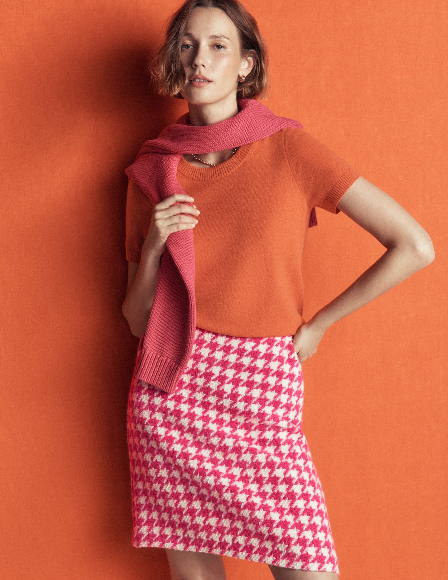 Wool Blend A-Line Skirt-Pink Dogstooth