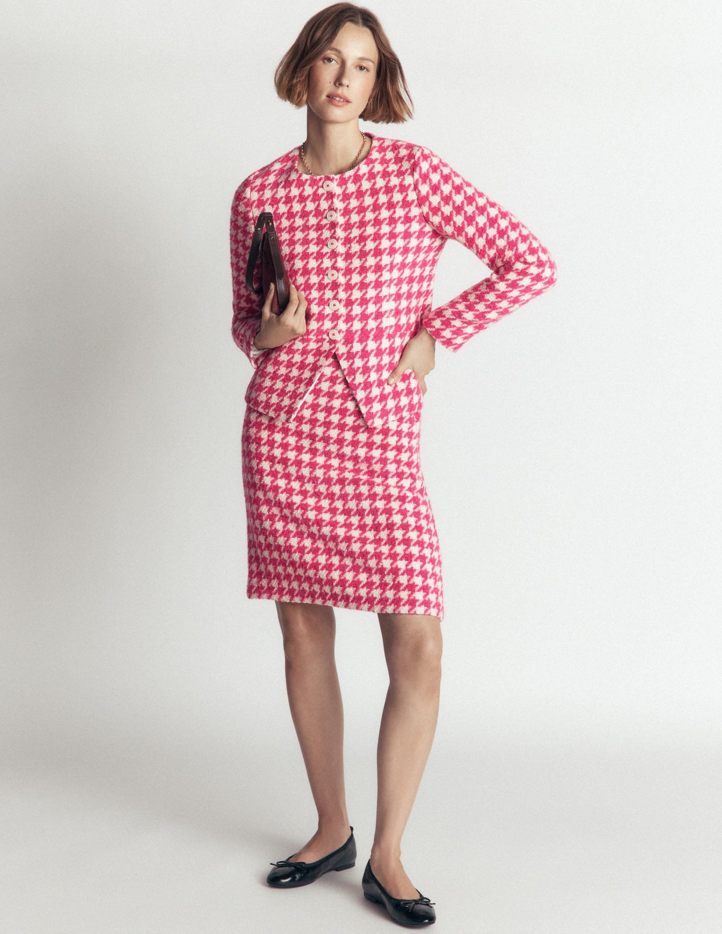 Wool Blend A-Line Skirt-Pink Dogstooth