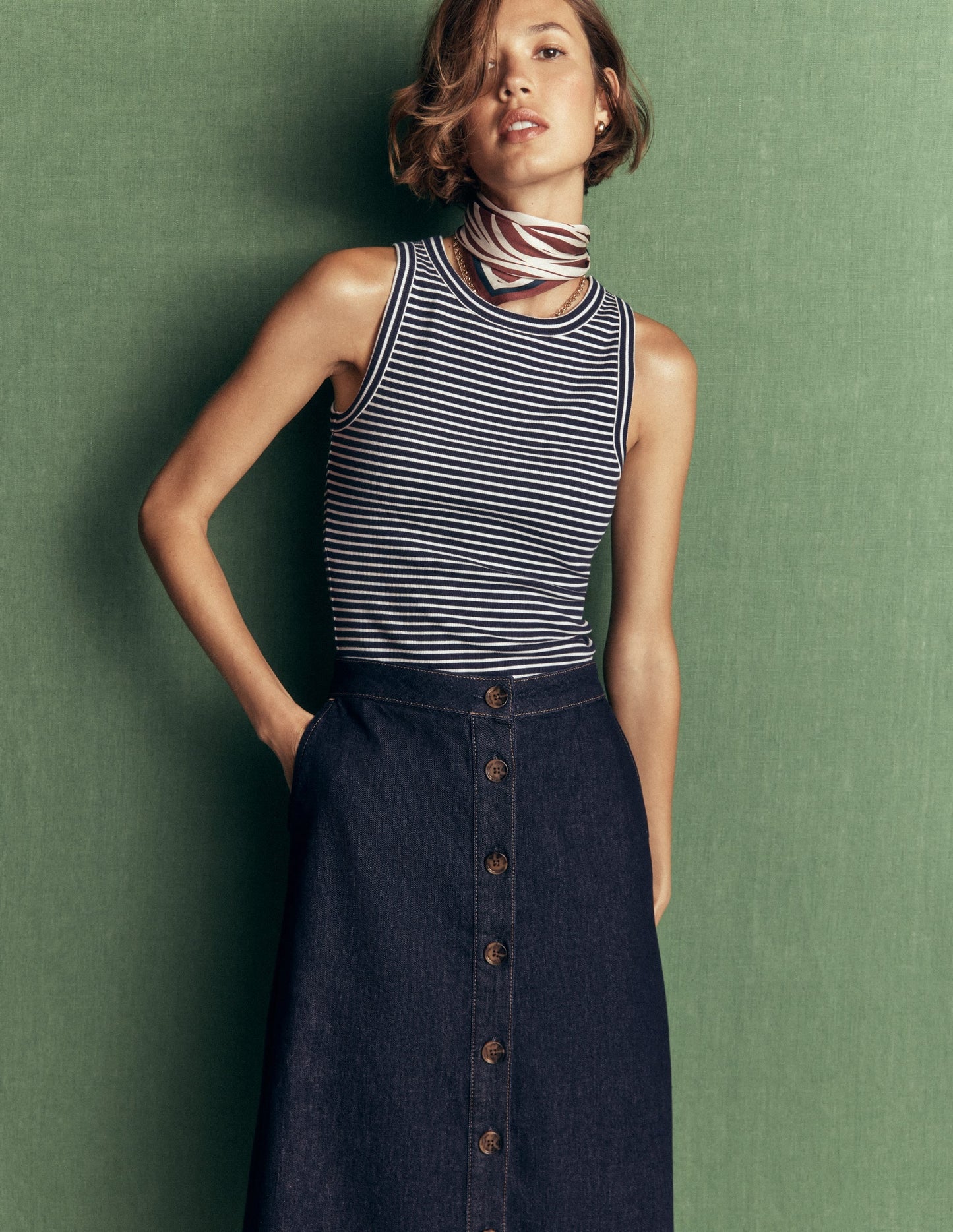 Val Button Denim Midi Skirt-Indigo