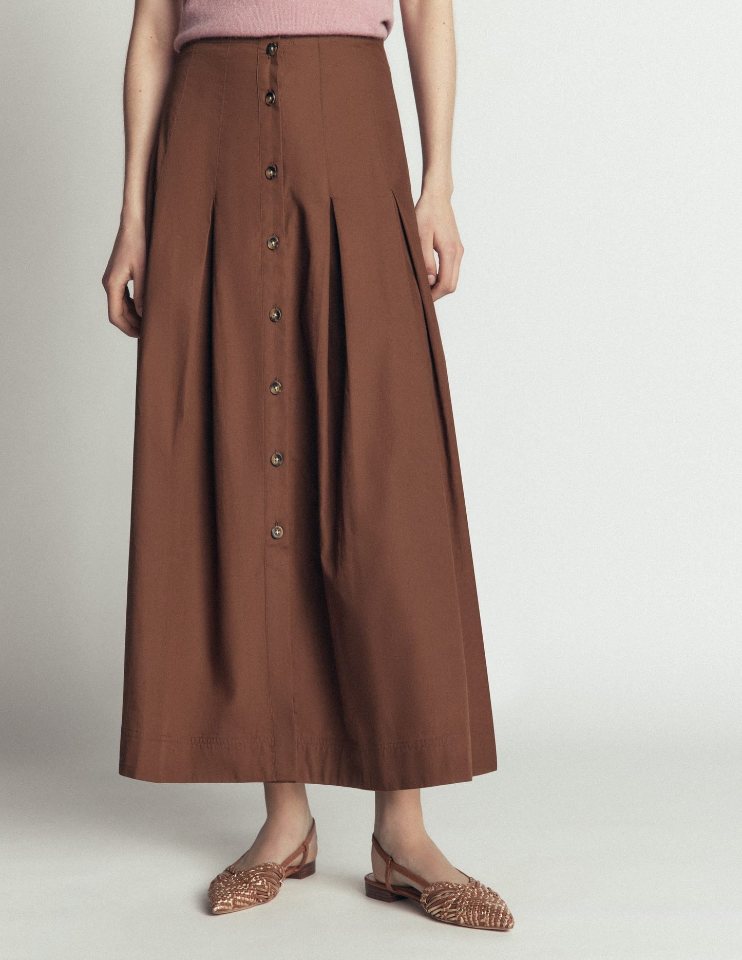 Button Front Pleated Skirt-Raw Umber