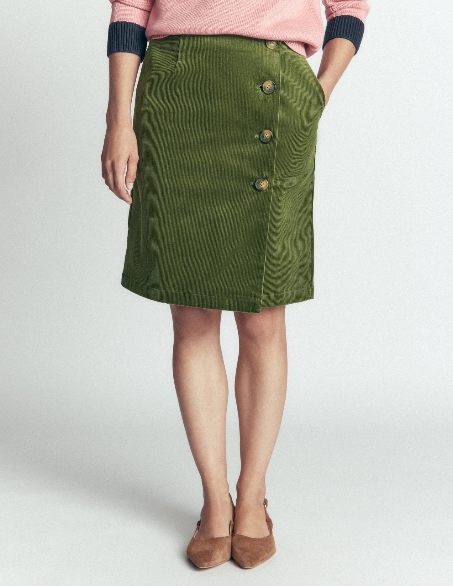Evelyn Button Cord Wrap Skirt-Forest Green