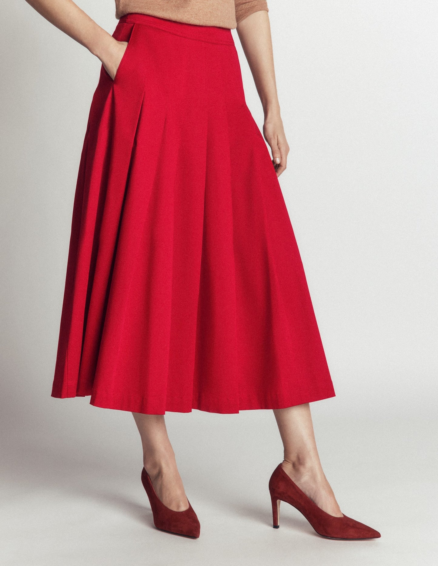 Aya Cotton Sateen Midi Skirt-Crimson Red