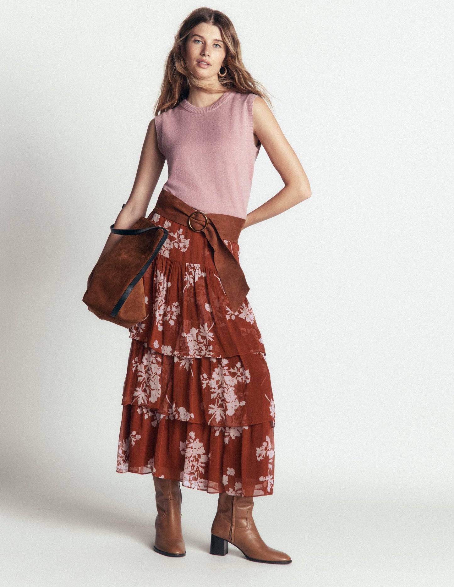 Tiered Ruffle Midi Skirt-Arabian Spice, Flecked Bunch