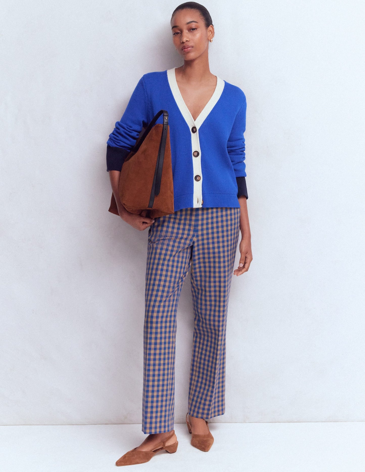 Canonbury Cotton 7/8 Trousers-Camel, Blue Gingham