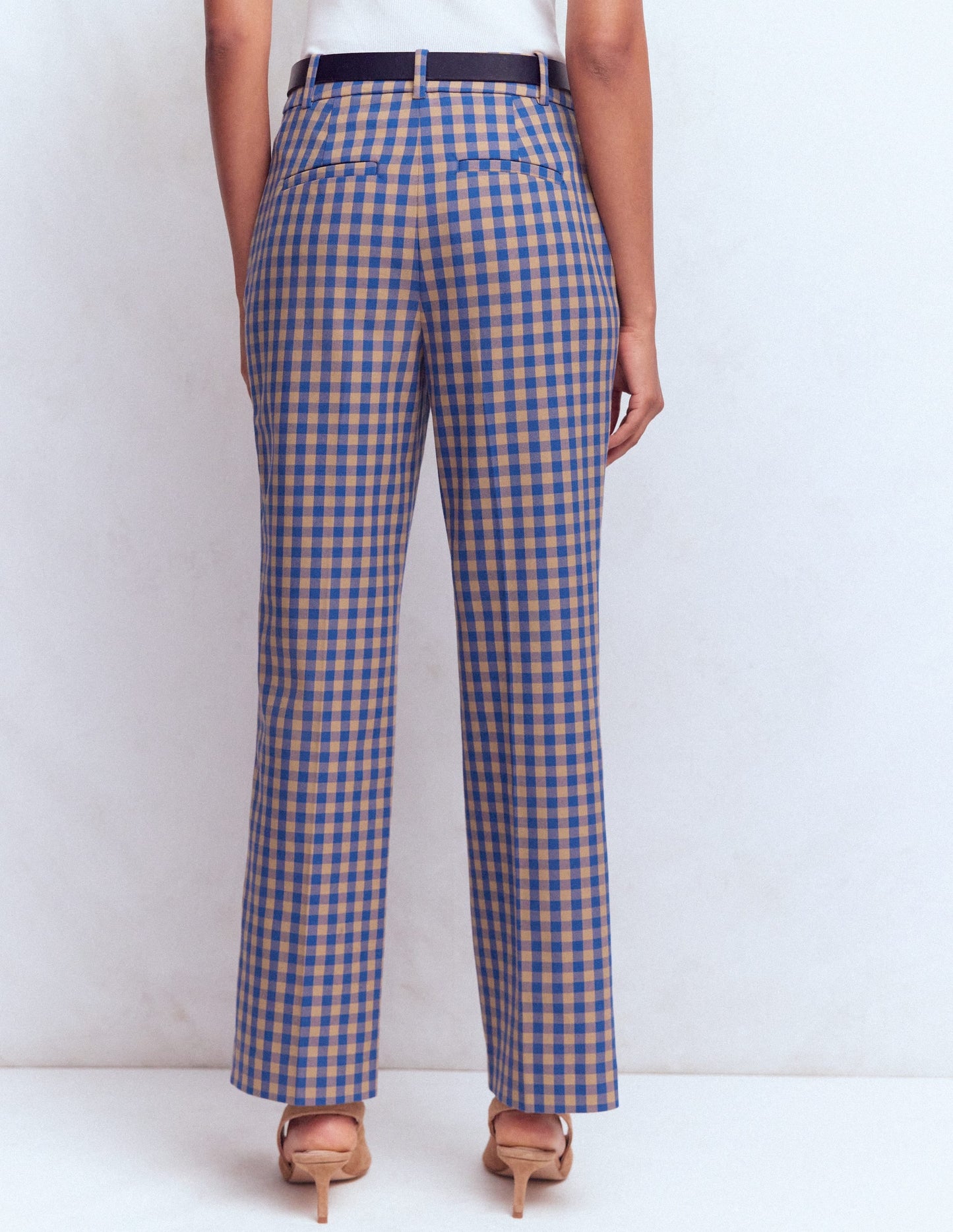 Canonbury Cotton 7/8 Trousers-Camel, Blue Gingham