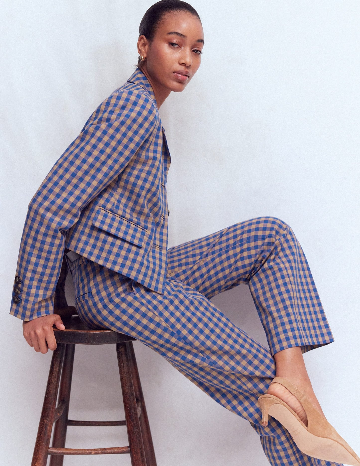 Canonbury Cotton 7/8 Trousers-Camel, Blue Gingham