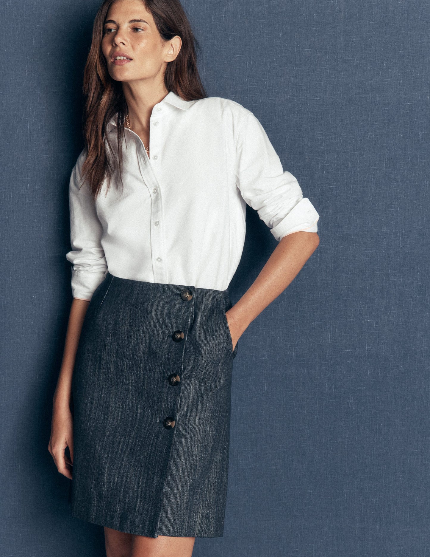 Evelyn Twill Button Wrap Skirt-Indigo Twill