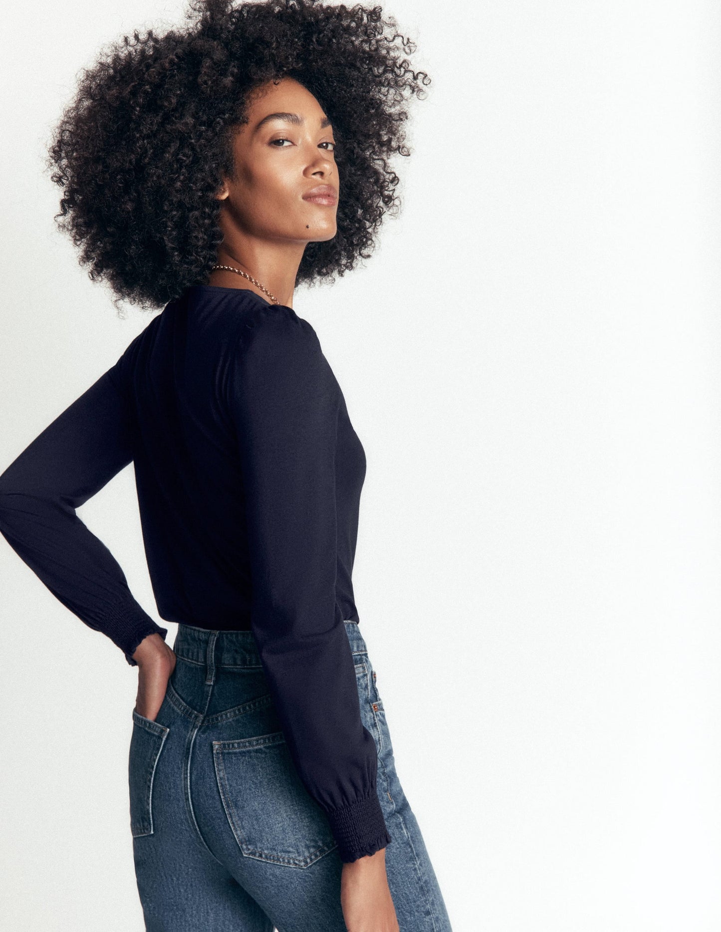 Smocked Cuff Supersoft Top-Navy