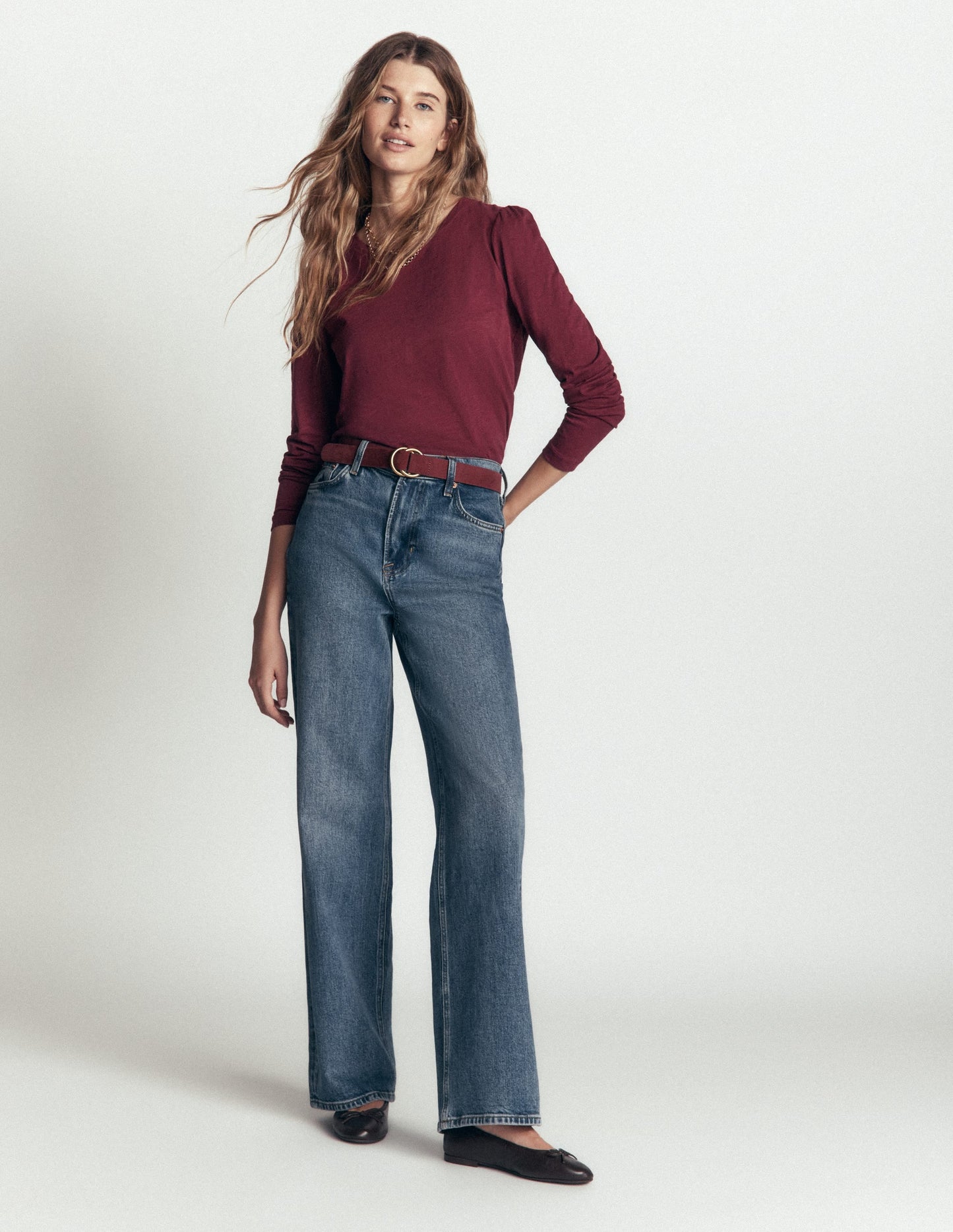 Cotton Crew Long Sleeve Top-Maroon Banner