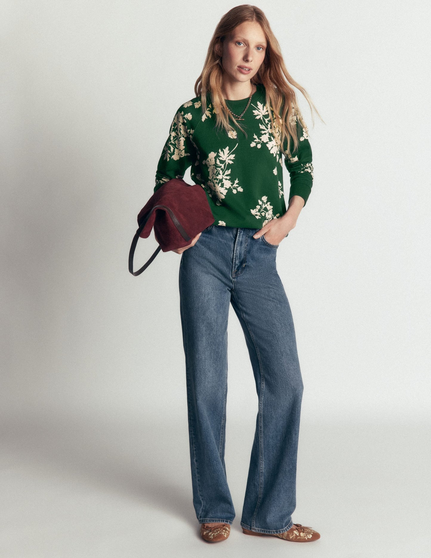 Rosa Printed Sweatshirt-Hunter Green, Flecked Bunch