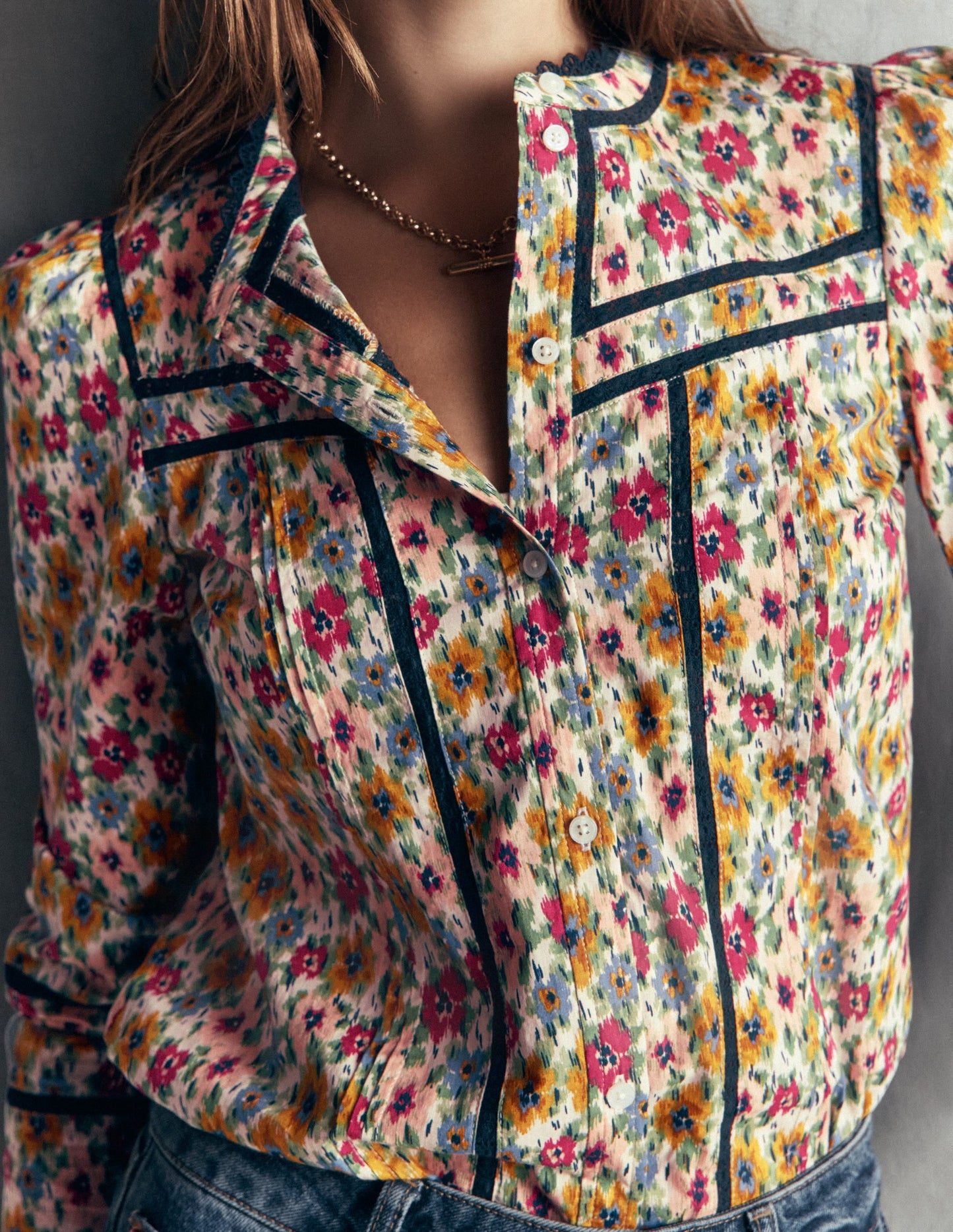 Carmen Lace Trim Cotton Top-Multi, Flecked Garden