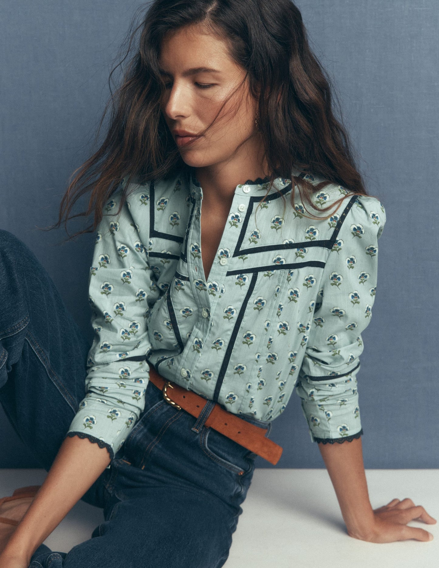 Carmen Lace Trim Cotton Top-Harbour Blue, Ditsy Dream