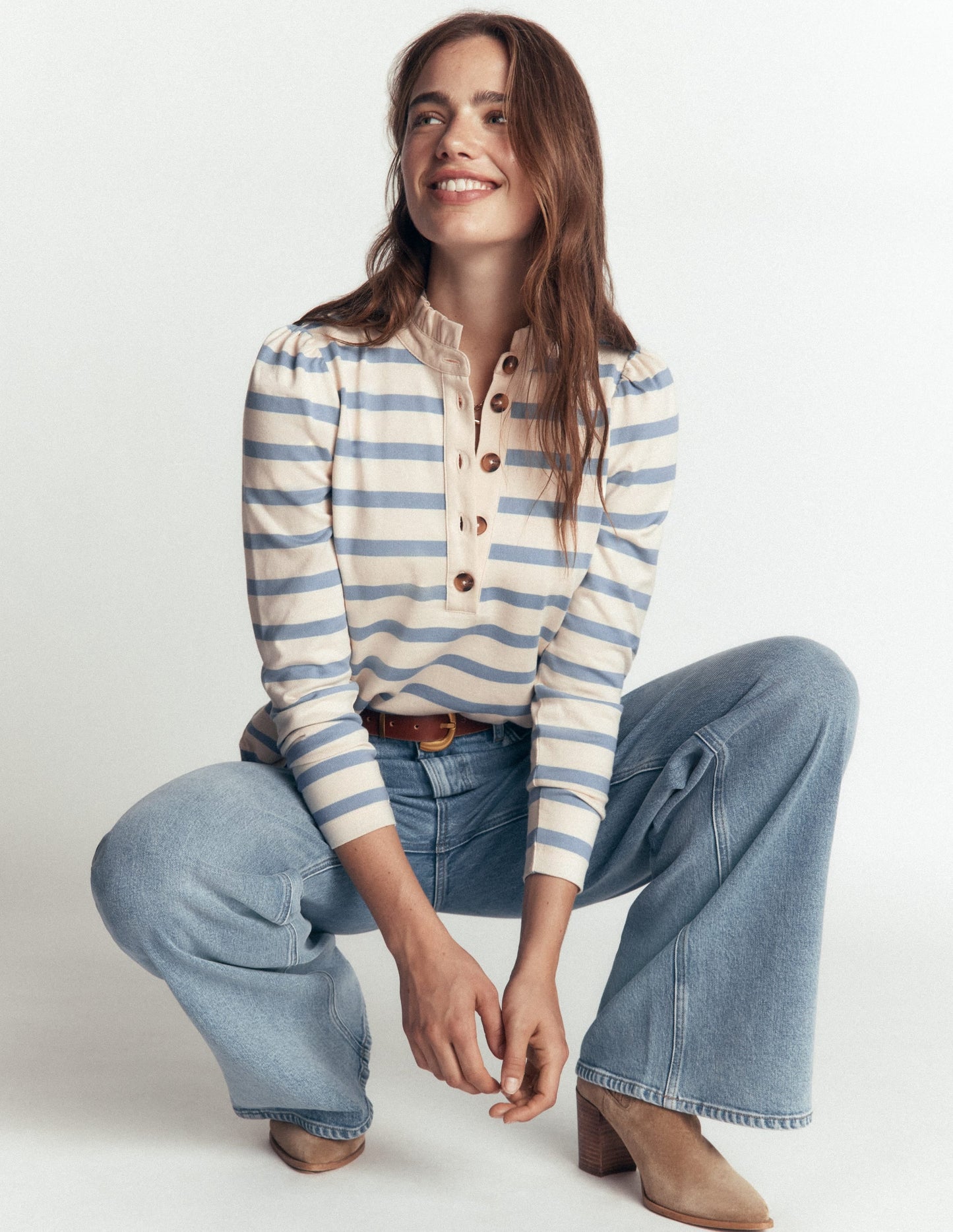 Ruffle Collar Mariner-Ivory and Faded Denim Stripe