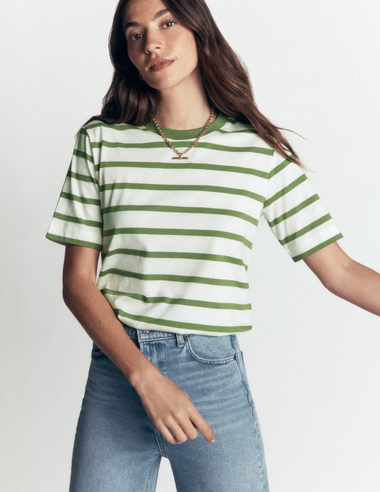 Relaxed Cotton T-shirt-Safari Green and Ivory Stripe