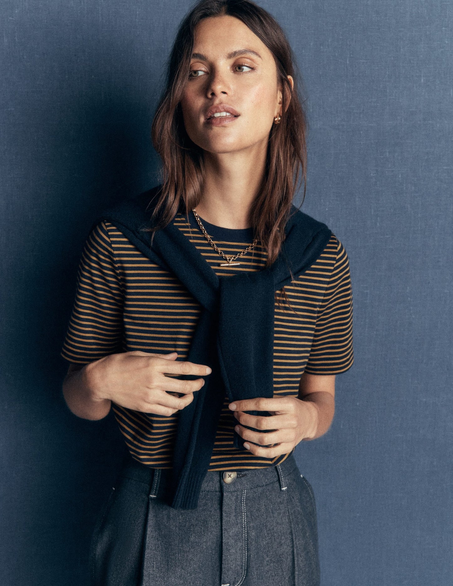 Cotton Crew Neck T-shirt-Navy and Dijon Stripe