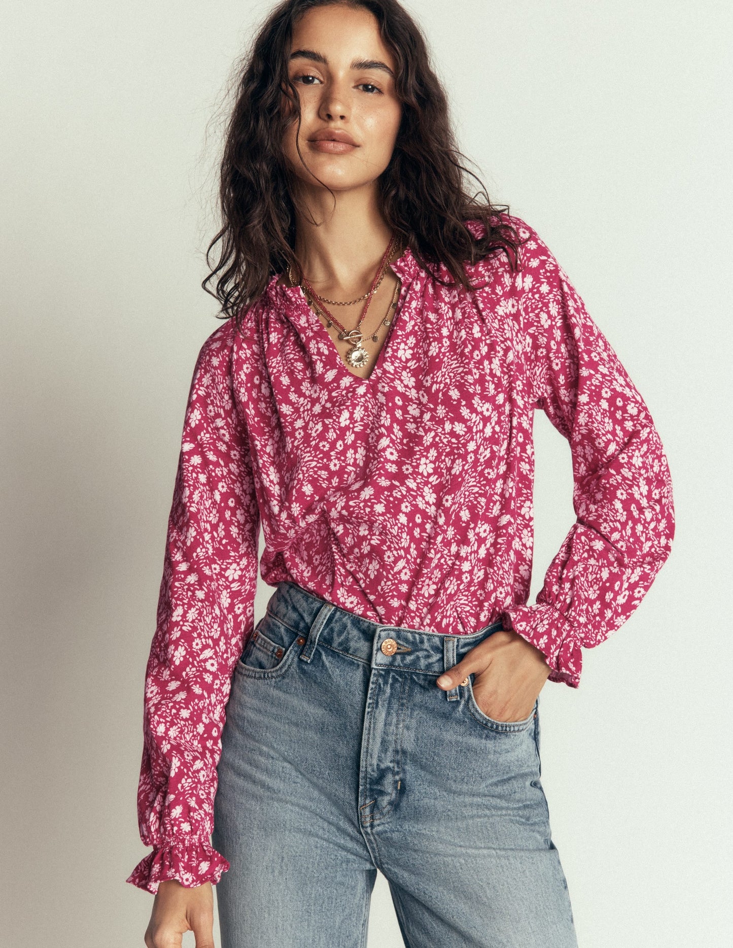 Pia Ruffle Detail Top-Red Bud, Scattered Flora