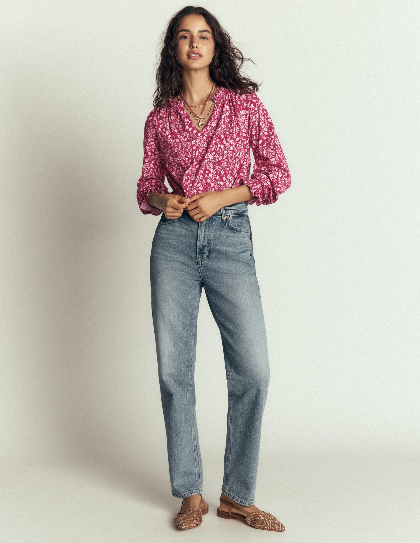 Pia Ruffle Detail Top-Red Bud, Scattered Flora
