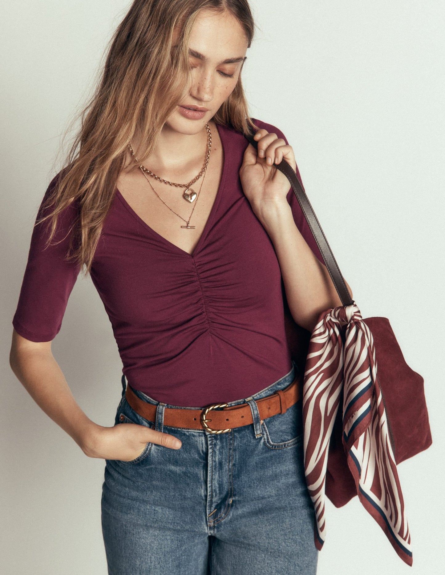 Tia Ruched V-neck Top-Deep Wisteria