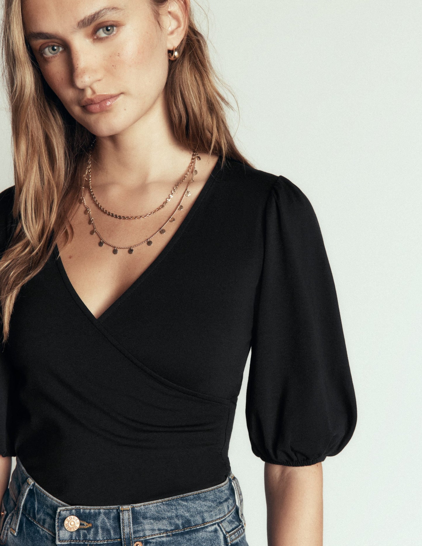 Tia Ruched Wrap Top-Black