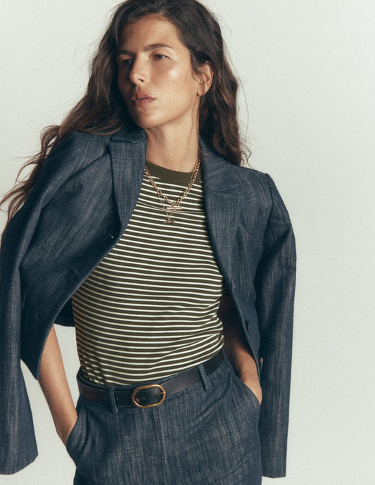 Ribbed Cotton T-Shirt-Olive Night and Ivory Stripe