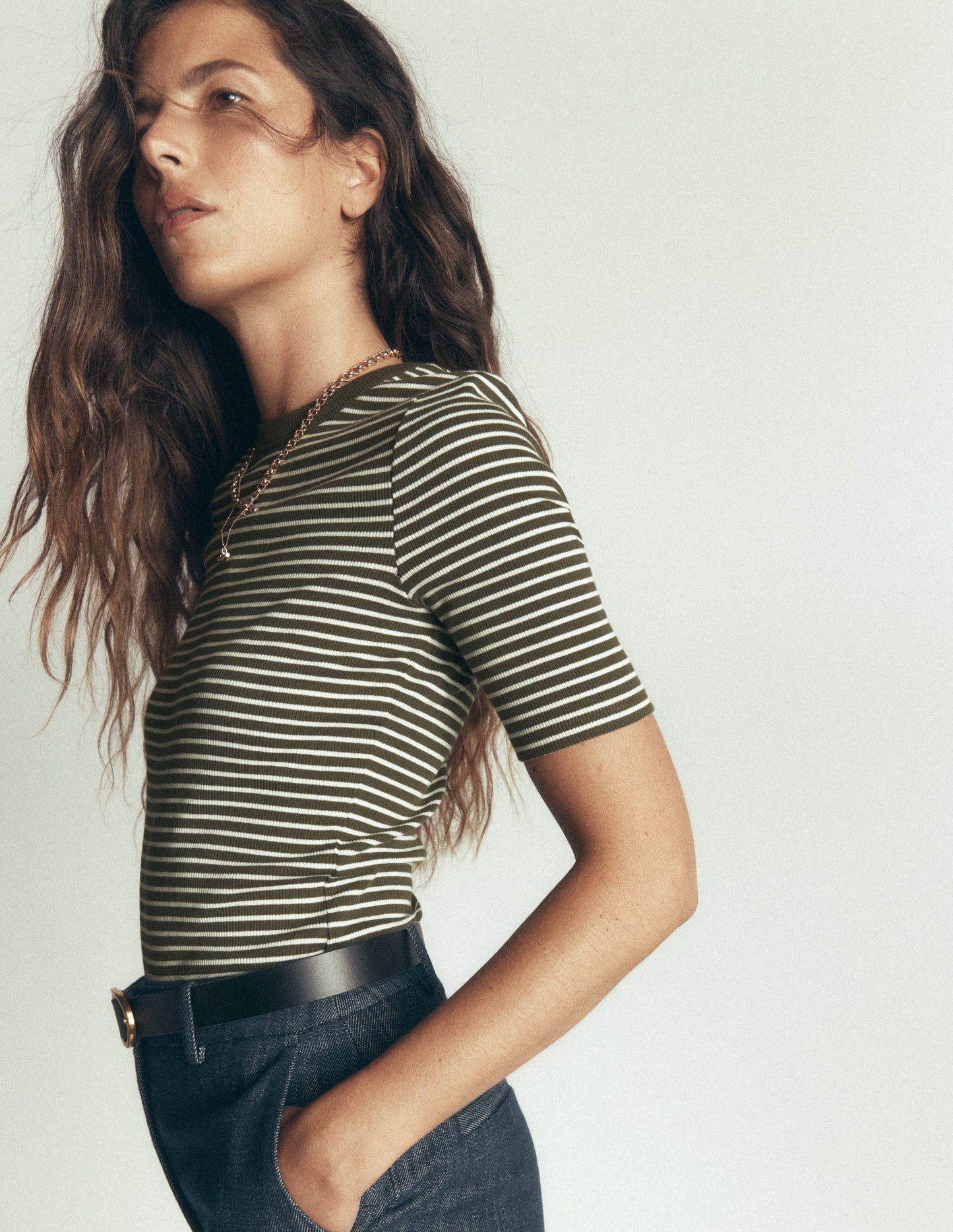 Ribbed Cotton T-Shirt-Olive Night and Ivory Stripe