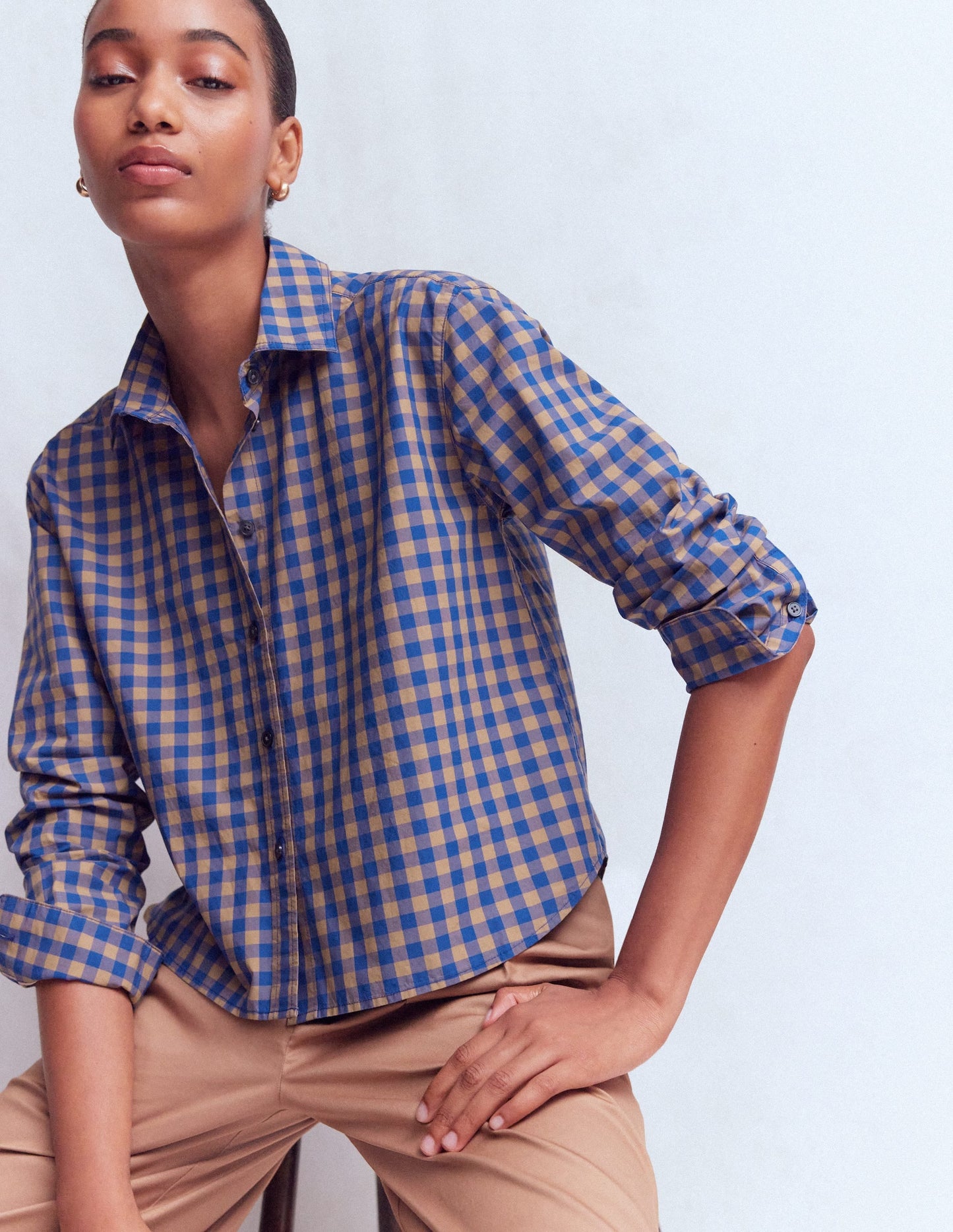 Sienna Cropped Cotton Shirt-Camel, Blue Gingham