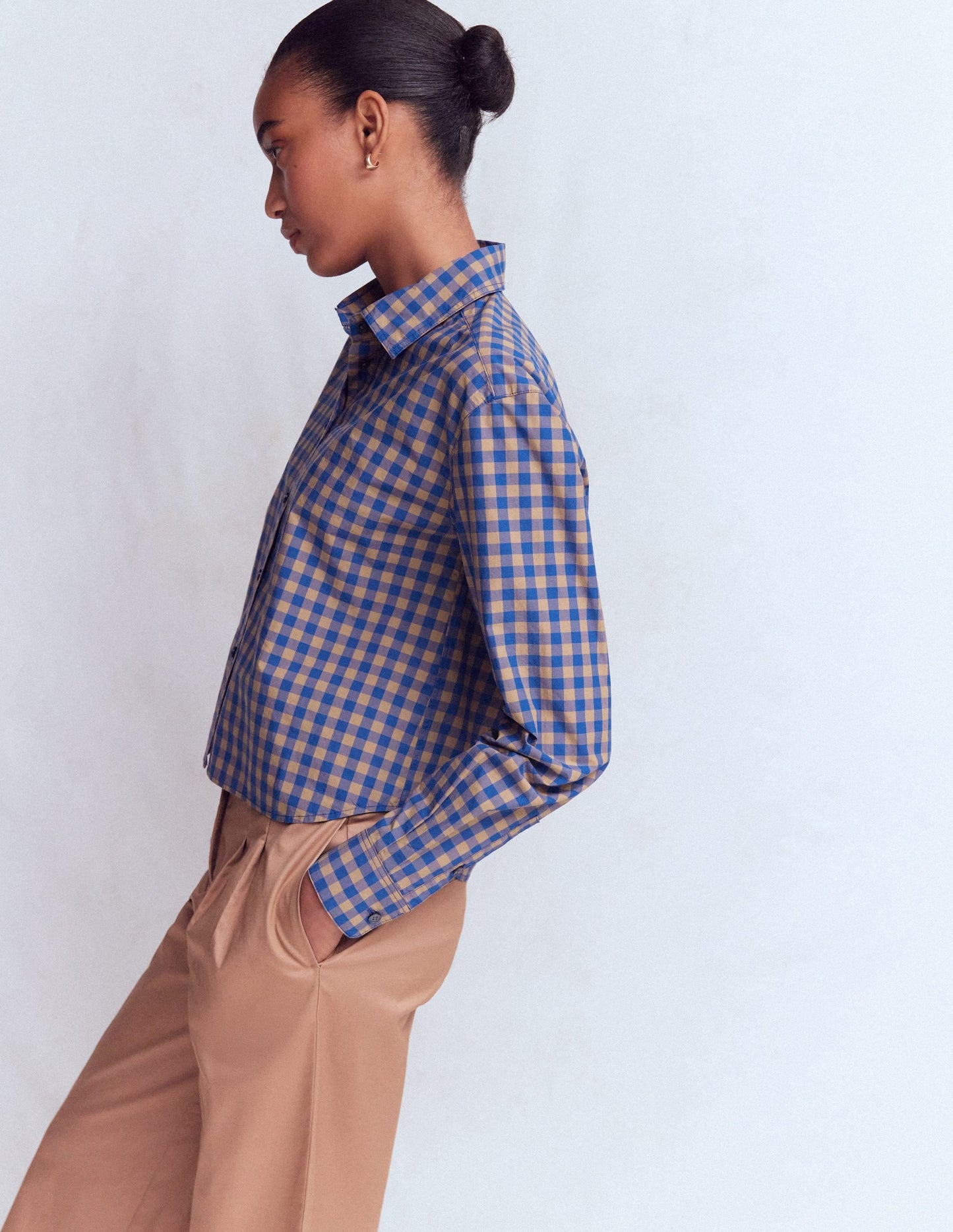 Sienna Cropped Cotton Shirt-Camel, Blue Gingham
