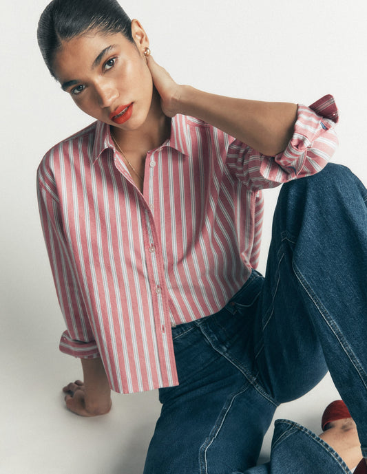 Sienna Cropped Cotton Shirt-Red, Navy Tram Stripe