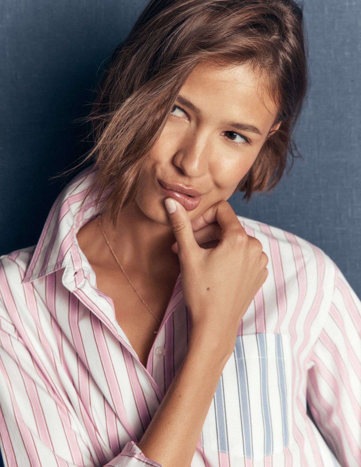 Sienna Relaxed Cotton Shirt-Pink and Blue, Hotched Stripe