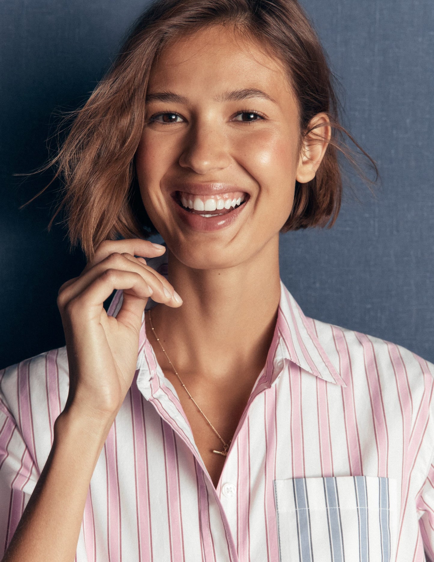 Sienna Relaxed Cotton Shirt-Pink and Blue, Hotched Stripe