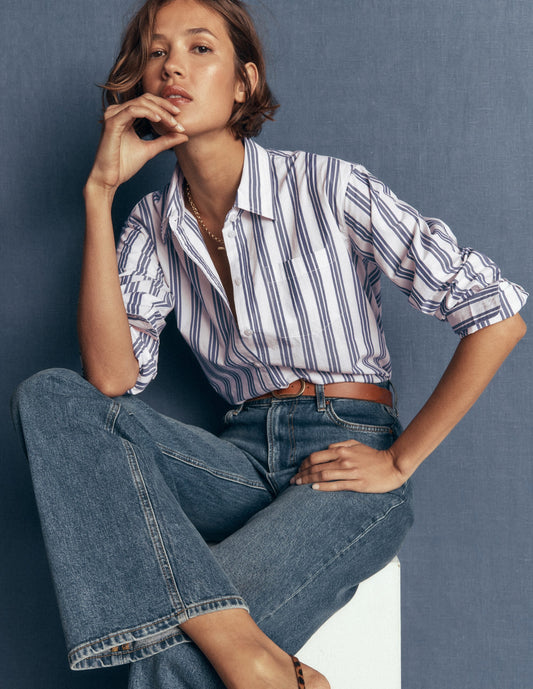 Sienna Relaxed Cotton Shirt-Ivory, Navy Tram Stripe