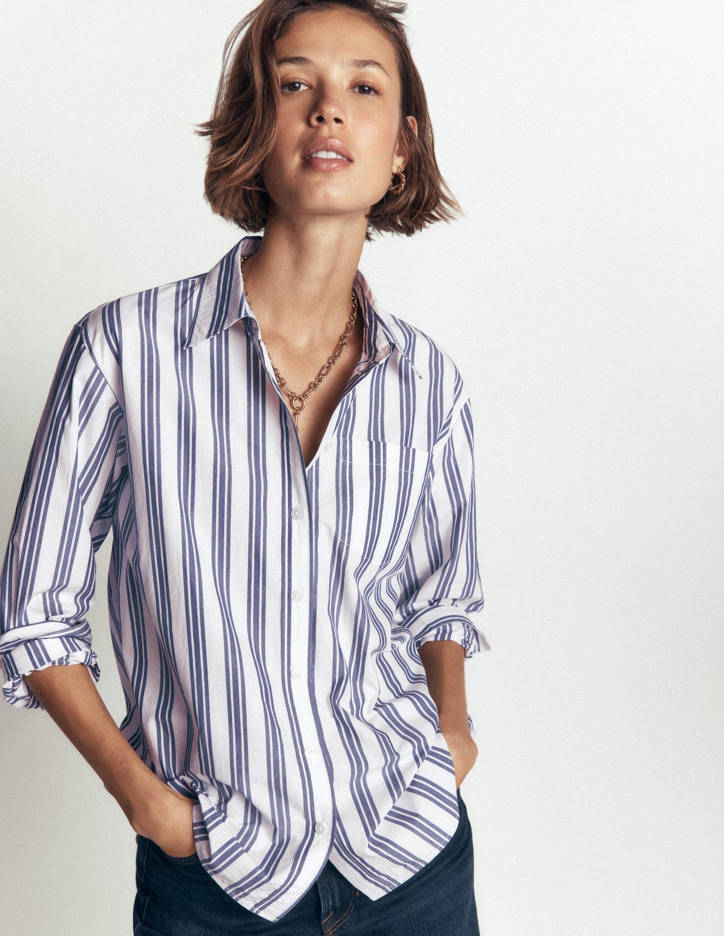 Sienna Relaxed Cotton Shirt-Ivory, Navy Tram Stripe