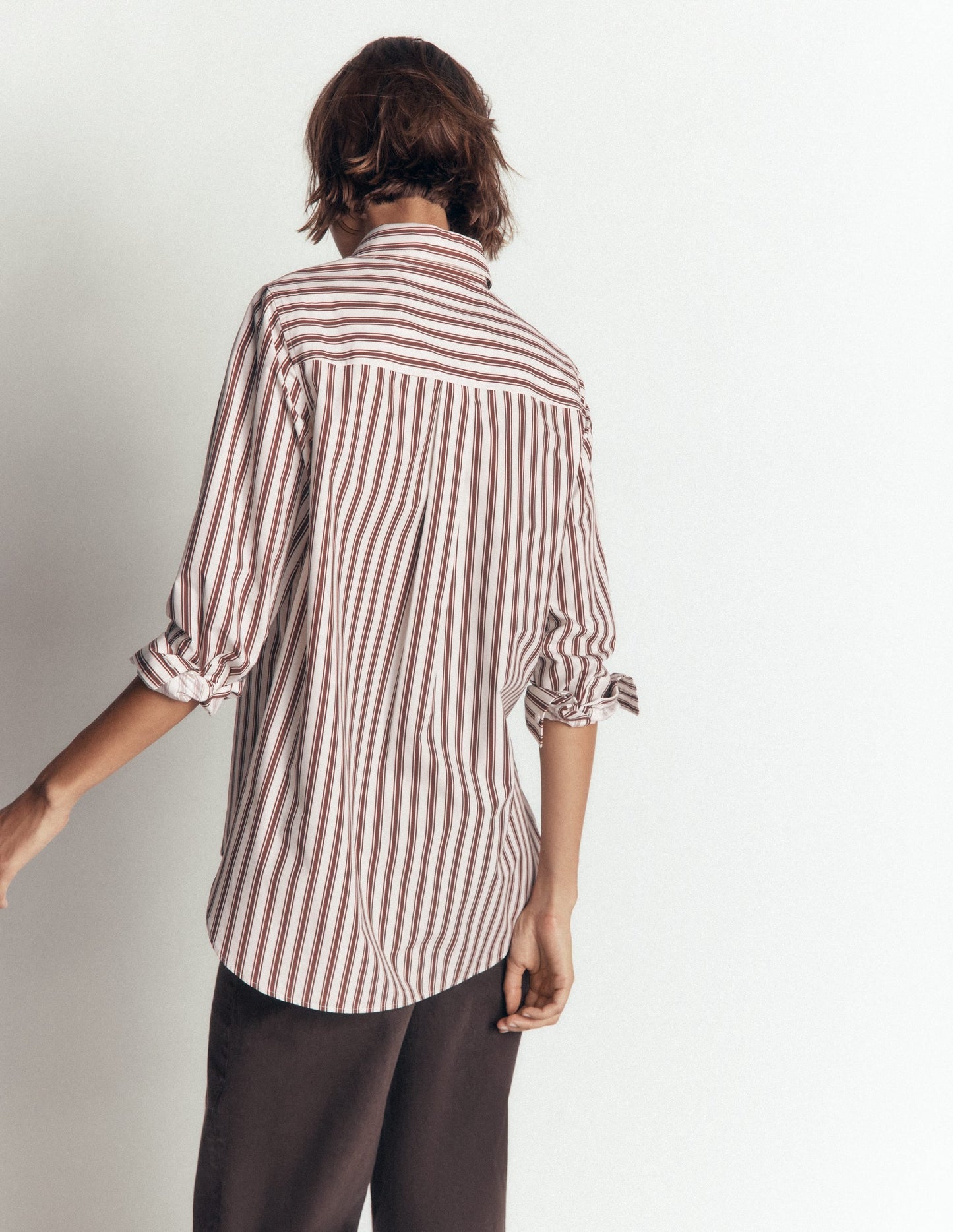 Anna Longline Cotton Shirt-Ivory, Brown Tram Stripe