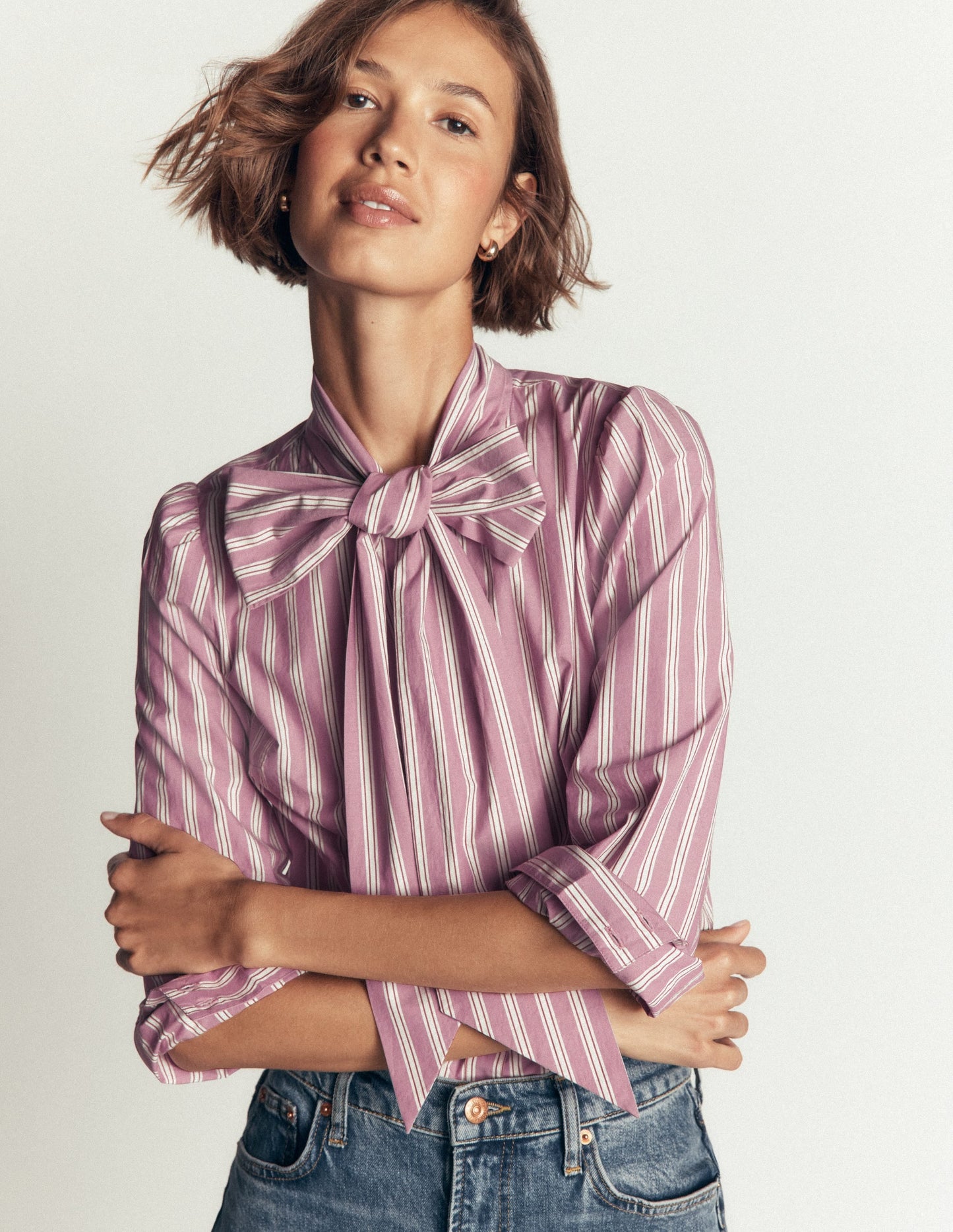 Clara Tie Neck Shirt-Pink, Maroon Tram Stripe